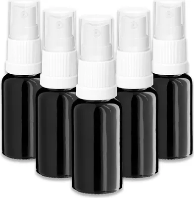 Produktbild von 5x Glasflasche schwarz 20 ml mit weißem Zerstäuber Sprükopf Pumpspray