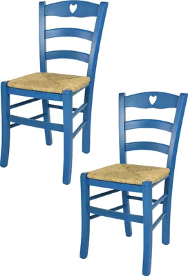 Two blue wooden chairs with woven seats.