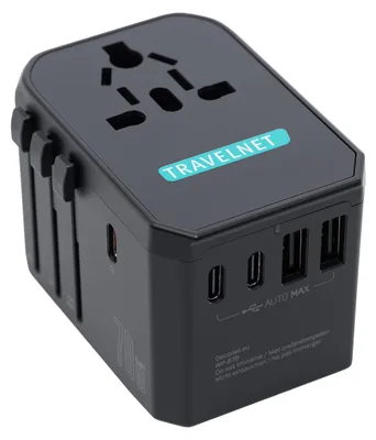 Image de Travelnet Adaptateur de voyage universel avec USB-C (PD) 70W – 3x USB-C & 2x USB-A – Chargeur rapide