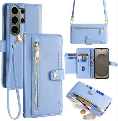 Produktbild von Handykette Samsung Galaxy S26 Ultra Hülle mit Band Handyhülle Kartenfächer Kunstleder Umhängetasche in Hellblau