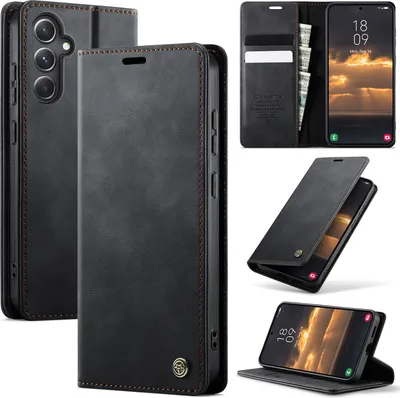 Image de Etui en cuir pour Samsung Galaxy S24 FE, protection RFID, fermeture magnétique, fentes pour cartes et fonction stand Noir