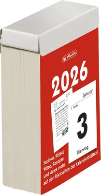 A close-up of a 2026 daily tear-off calendar with a red cover.