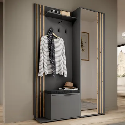 Produktbild von Garderobe STILO 131 cm Flur Set Spiegel Sitzkissen Graphit Lamellen Artisan Eiche