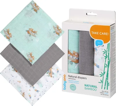 Produktbild von BABYONO | Bamboowindeln 3er Set - 70 x 70 cm - Grau und Muster - Multifunktional und Atmungsaktiv