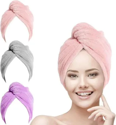 Produktbild von Haarturban Handtuch 3 Stück Schnelltrocknend Mikrofaser Pink Grau Lila