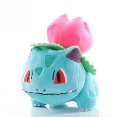 A plush toy of the Pokemon character Bulbasaur with a pink flower bud on its back, shown from the front.