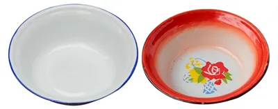 Produktbild von 2 Stück Retro Emaille Schüsseln aus emailliertem Stahl, tiefe Suppenschalen mit glatten Kanten, lebensmittelechte Aufbewahrungsschalen für Küche und Servieren, zufälliger Stil