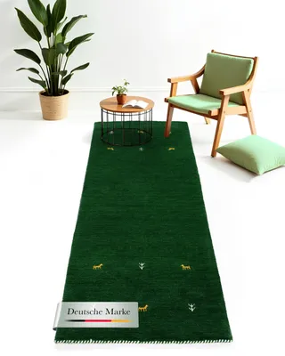 Produktbild von Wollteppich Gabbeh Uni Läufer Grün 80x500 cm | Moderner Teppich für Wohn- und Schlafzimmer