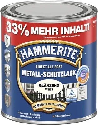 Produktbild von Hammerite Metall-Schutzlack Glänzend, Fertig gemischt, Zaun, Möbel, Treppe, Fenster, Metall, Glänzende Oberfläche, Weiß, 10 m²/L, Weiss