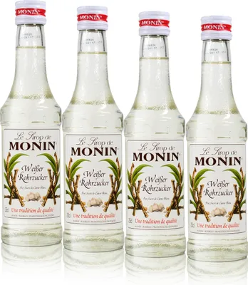 Produktbild von 4x Monin Weißer Rohrzucker Sirup, 250 ml Flasche - für Cocktails, zum Kaffee od