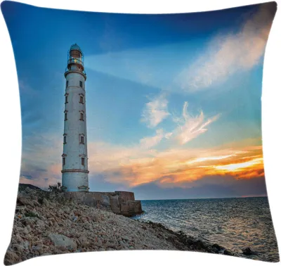 Produktbild von ABAKUHAUS maritim Kissenbezug, Seascape Foto von Leuchtturm am Sonnenuntergang mit Tangerine Horizon Drucken, 40 x 40 cm, Azure Blau Mehrfarbig