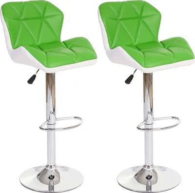 Two green and white bar stools are shown against a white background.
