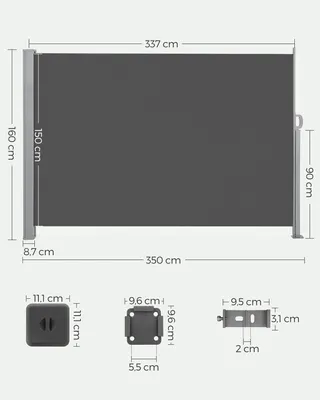 Produktbild von SONGMICS Seitenmarkise,Markise,160 x 350 cm,  ausziehbar, aus 220 g/m² Polyester, Sichtschutz, Sonnenschutz, blickdicht, Seitenrollo, für Balkon, Terrasse, Garten, anthrazit ASG162G05