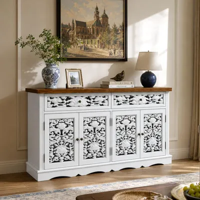 Produktbild von Sideboard mit Schnitzfronten, Beistellschrank mit Lasergeschnittenen Türen und Schubladen, Aufbewahrungsschrank, Weiß, MDF, 160 x 40 x 80 cm