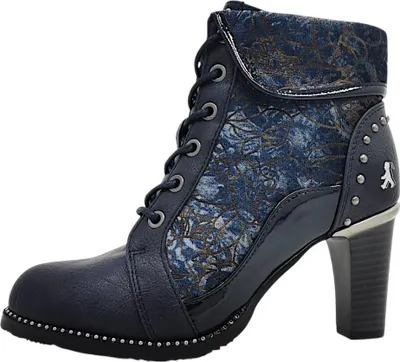 A single blue lace-up boot with a high heel is shown against a white background.