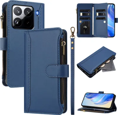 Image de Etui pour Xiaomi 15 Pro, fermeture éclair, étui portefeuille en cuirPolyuréthaneavec pochettes pour cartes, support et dragonne bleu