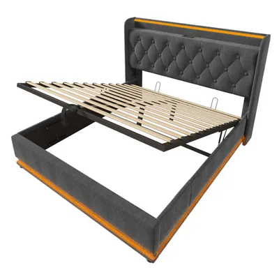 Produktbild von Flieks Polsterbett 140x200cm mit Ladefunktion (USB&Typ-c), Jugendbett Doppelbett Stauraumbett mit LED, Hydraulisches Boxspringbett, Leinen, Grau