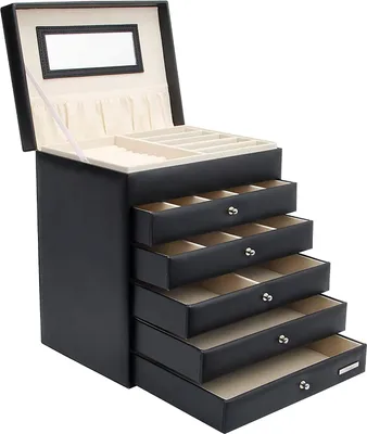 Produktbild von Yorbay Schmuckkoffer Schwarz Seelux Serie Schmuckkasten Schmuckkästchen mit Spiegel, 5 Schubladen Aufbewahrung Geschenke für Frauen