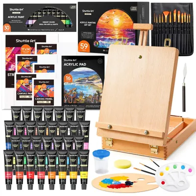 Immagine prodotto di Set completo da 59 pezzi per la pittura, ideale per principianti. Include: cavalletto in legno, 30 colori acrilici, tele, pennelli e tavolozza