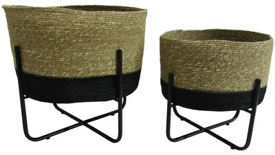 Produktbild von DRW Set mit 2 Pflanzgefäßen mit Korbfuß und Metall in Natur und Schwarz, 30 x 30 x 33 und 24 x 24 x 25 cm