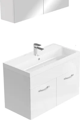 Image de Meuble de salle de bain Paso 02 80 x 40 cm lavabo Blanc Brillant – Armoire de rangement miroir armoire miroir
