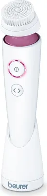 A white electric facial cleansing brush with a pink accent and a white brush head, standing upright on a white base. The product is shown against a plain white background.
