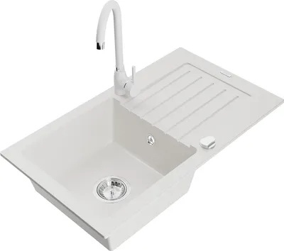 Immagine prodotto di Mexen Pablo lavello in granito 1-vasca con scolapiatti e rubinetto da cucina Telma, bianco - 6510-20-670200-20