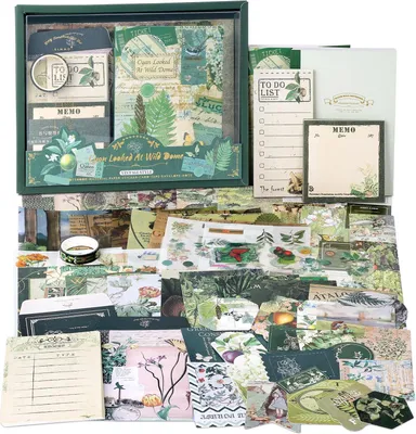 Produktbild von 350 Stück Ästhetisches Bullet Journal Set, Junk Journal und Scrapbook Zubehör, DIY Geschenk für Teenager und Kind - Wunderland des Waldes