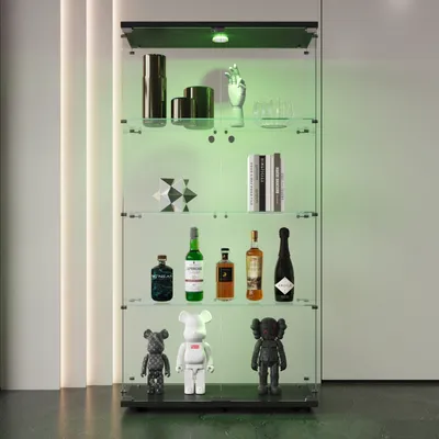 Produktbild von Zweitüriger Glasvitrinen-Schrank mit 4 Türen und Regalen, Bodenständiger Vitrinen-Schrank für Bücher und Kuriositäten, geeignet für Wohnzimmer, Schlafzimmer und Büro, 64,6" * 31,7" * 14,4", Schwarz