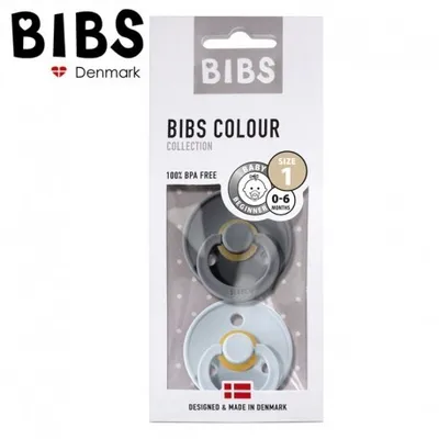 Produktbild von BIBS Colour Schnuller 2er-Pack, BPA-frei, Kirschform Nippel. Naturkautschuk/Latex, Hergestellt in Dänemark. Größe 1 | 0+ Monate | 2-Pack, Iron/Baby Blue