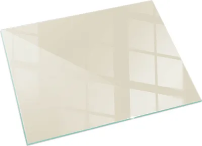 A rectangular piece of clear glass with a beige tint, reflecting a grid pattern that resembles a window.