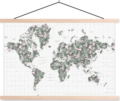 Produktbild von MuchoWow® Textilposter Weltkarte - Pflanzen - Rosa 60x40 cm mit holzfarbenen Rahmen - Bilder