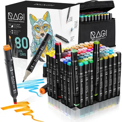 Produktbild von RAGI - Alkoholmarker Set 80 Stück - Doppelseitige Marker mit breiter Spitze - feiner Spitze - Tragetasche - Halter - Künstlerbedarf für Zeichnung