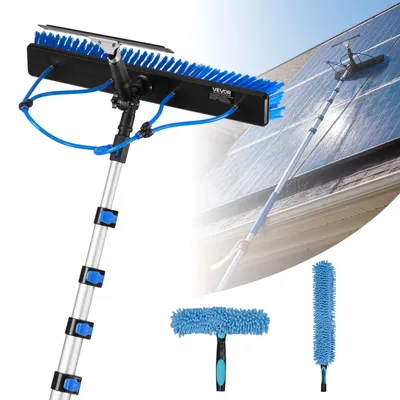 Image de Brosse télescopique 2-en-1 VEVOR pour panneaux solaires, kit de nettoyage photovoltaïque avec tige télescopique en aluminium de 2 à 10 m, raccord d'eau de 20 m, raclette et distributeur de savon, brosse de nettoyage pour installations solaires, fenêtres et toits de terrasse