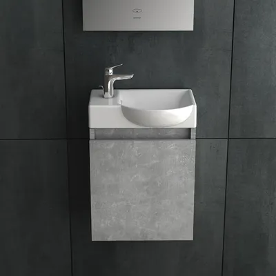 Produktbild von Alpenberger Gäste WC Waschbecken mit Unterschrank | Kleines Badmöbel 45 cm Breit | Waschtisch mit Waschbeckenunterschrank (Cement, Waschbecken - Rechte Seite)