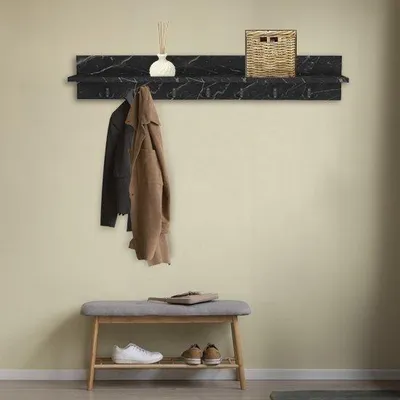 Produktbild von Bino Wandgarderobe mit Ablage 14 Haken MDF Schwarz Marmoroptik 106 cm