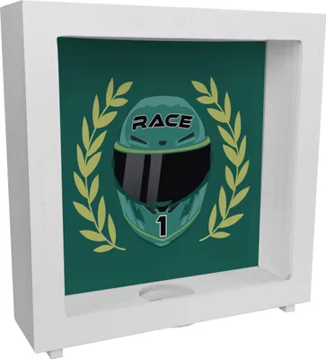 Produktbild von Motorsport-Helm Rahmen Spardose aus Holz in Racing Green mit Siegerkranz