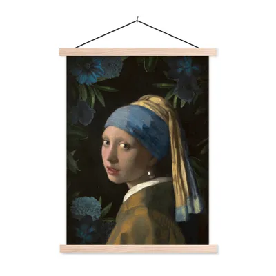 Produktbild von MuchoWow® Textilposter Mädchen mit Perlenohrring - Vermeer - Blumen - Blau 40x53 cm mit holzfarbenen Rahmen - Schlafzimmer