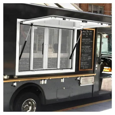 Produktbild von Imbissfenster 91x61 cm aus Aluminiumlegierung - Bis 85° schwenkbar mit Markisentür, Zughaken und Schloss | Für Imbisswagen, Food Trucks, Verkaufsstände und Grill-Anhänger