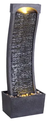 Produktbild von Teamson Home Garden Wasserspiel, großer gebogener Wasserbrunnen für den Außenbereich, moderner Wasserfall-Ornament mit Schiefereffekt für den Innenbereich mit Lichtern und Pumpe, Terrassendekoration