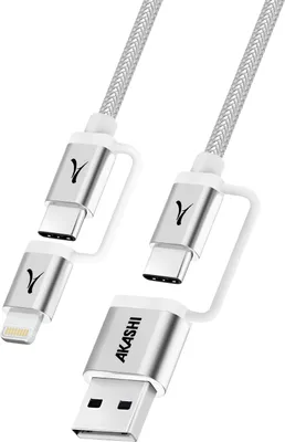 Produktbild von Akashi, 4-in-1 Kabel USB-C + Lightning Kompatibel Apple CarPlay Android Auto, Grau