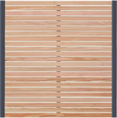 A wooden fence panel with metal posts on either side, presented against a white background.