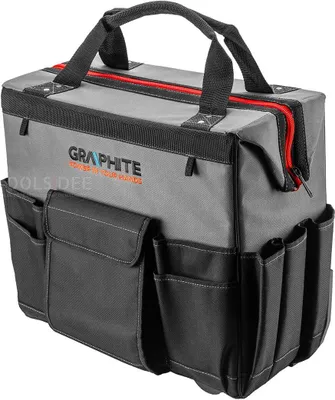 A gray and black tool bag with multiple pockets and red zipper accents.