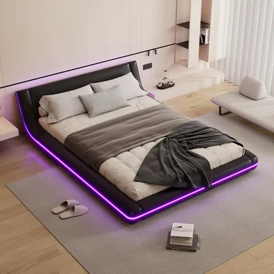 Produktbild von Abrihome Polsterbett 140x200cm mit LED, Doppelbett Jugendbett mit Lattenrost, Bodenbett, Schwarz