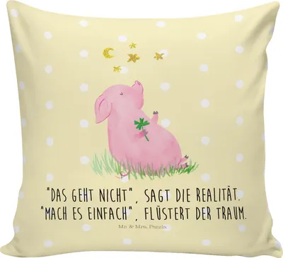 Produktbild von Mr. & Mrs. Panda kissen für sofa Schwein Glück - Gelb Pastell - Geschenk, Tiermotive, Ziele, Deko, Sterne, Motivation, Sofakissen, Träume, kuschelkissen 40x40, zier