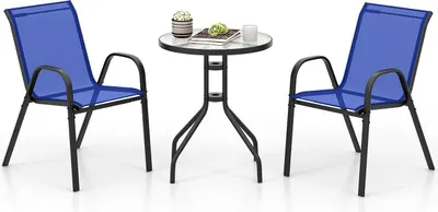 Produktbild von GOPLUS Bistro Set 3 teilig, Ø60cm Bistrotisch mit 2 Stühle stapelbar, Balkonmöbel inkl. Glastisch & Bistrostühle für Garten Balkon Hof Balkon (Blau)