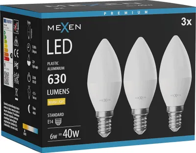 Produktbild von Mexen Nova 3x LED-Glühbirne E14, C37, 6W, Warm - 3000K, 630 lm - L102-E14-0630-01x03