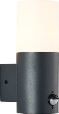 A black outdoor wall light with a motion sensor, mounted on a white background.