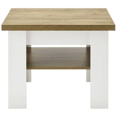 A square coffee table with a wood-grain top and white legs, featuring a lower shelf.