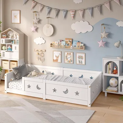 Produktbild von INONEFT Kinderbett 90 x 200 cm, Holzbett mit Rausfallschutz & Lattenrost, Bodenbett mit Stern-Mond Ausschnitt Umzäunung, Junge Mädchen